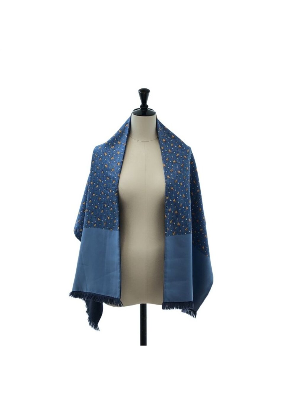 Hermes Silk Angora Reversible Duck Pattern Fringe Scarf Blue